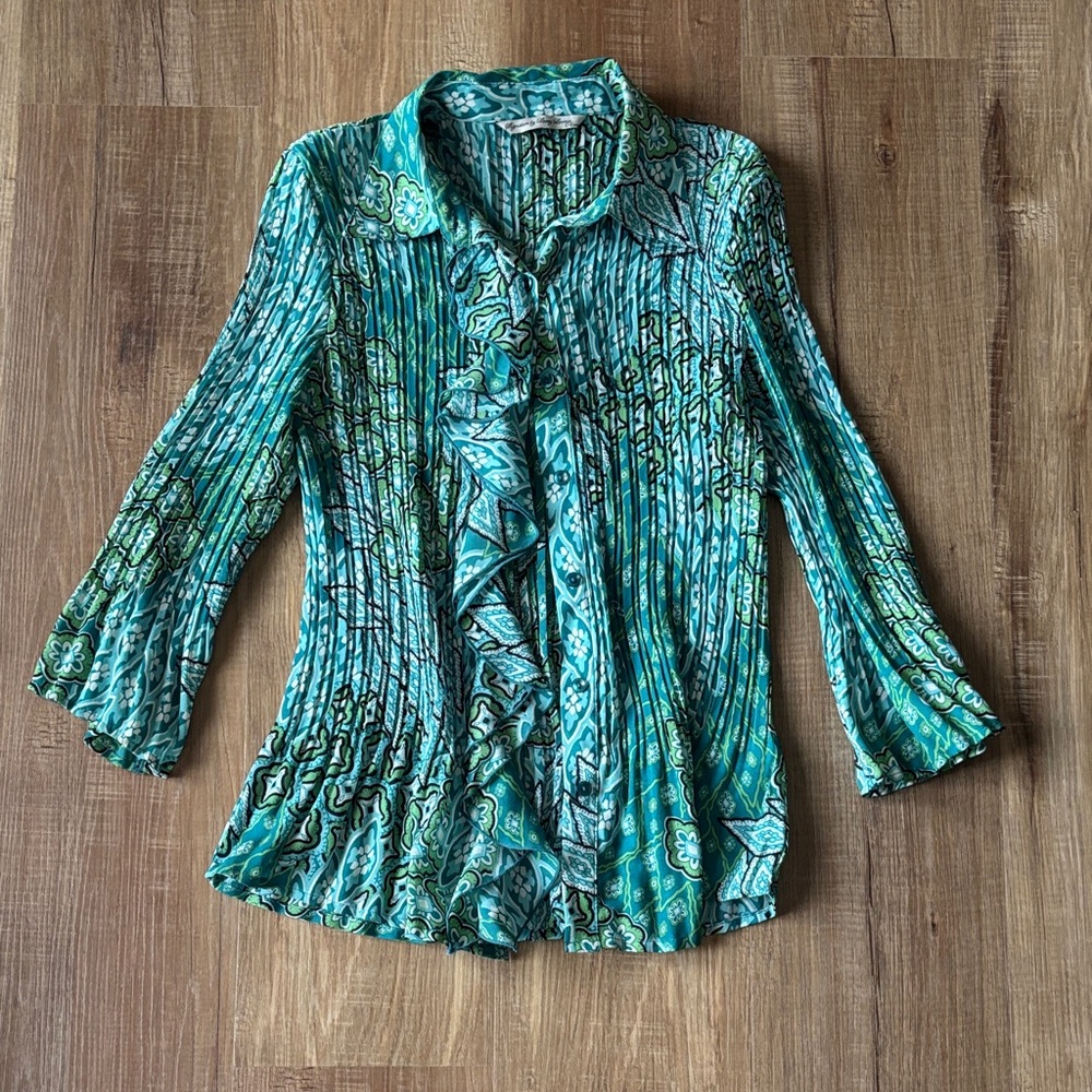 Signature by Larry Levine Teal & Green Printed Ruffle Button-Down Blouse